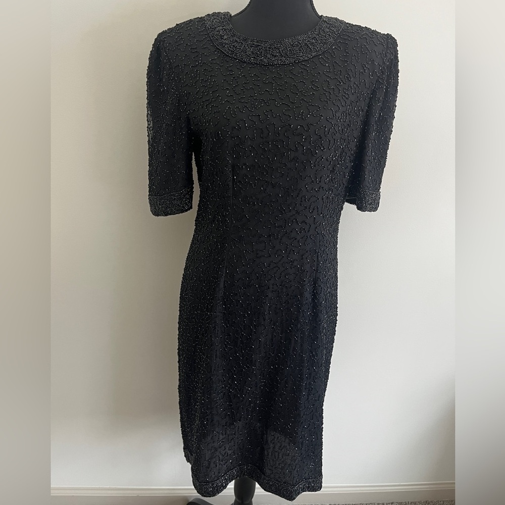 Vintage Silk‎ Black Beaded Dress by Mark & John Sz M Cocktail Dress Embellished